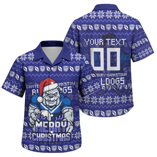 Personalized Canterbury Bulldogs Christmas Family Matching Off Shoulder Maxi Dress and Hawaiian Shirt Australian Rugby Fans - Pixelated Ugly Xmas Pattern Mascot Santa