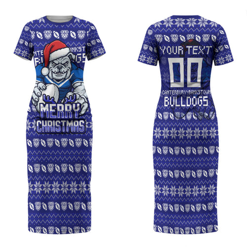 Personalized Canterbury Bulldogs Christmas Family Matching Short Sleeve Bodycon Dress and Hawaiian Shirt Australian Rugby Fans - Pixelated Ugly Xmas Pattern Mascot Santa