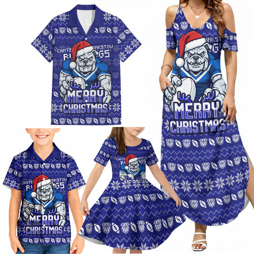 Personalized Canterbury Bulldogs Christmas Family Matching Summer Maxi Dress and Hawaiian Shirt Australian Rugby Fans - Pixelated Ugly Xmas Pattern Mascot Santa