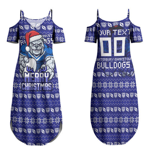 Personalized Canterbury Bulldogs Christmas Family Matching Summer Maxi Dress and Hawaiian Shirt Australian Rugby Fans - Pixelated Ugly Xmas Pattern Mascot Santa