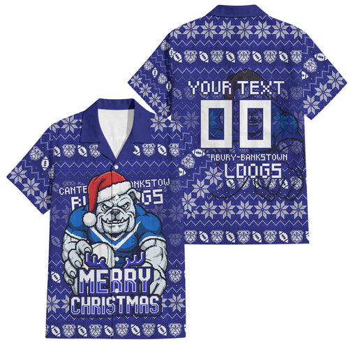 Personalized Canterbury Bulldogs Christmas Family Matching Summer Maxi Dress and Hawaiian Shirt Australian Rugby Fans - Pixelated Ugly Xmas Pattern Mascot Santa