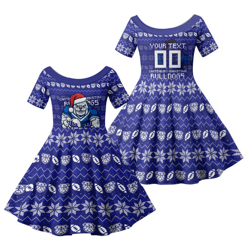 Personalized Canterbury Bulldogs Christmas Family Matching Summer Maxi Dress and Hawaiian Shirt Australian Rugby Fans - Pixelated Ugly Xmas Pattern Mascot Santa