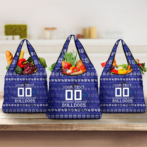 Personalized Canterbury Bulldogs Christmas Grocery Bag Australian Rugby Fans - Pixelated Ugly Xmas Pattern Mascot Santa