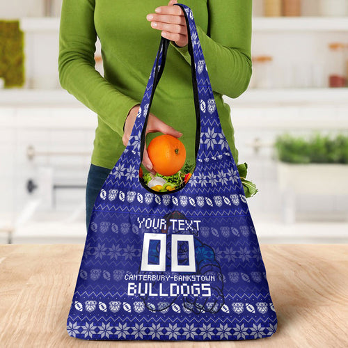 Personalized Canterbury Bulldogs Christmas Grocery Bag Australian Rugby Fans - Pixelated Ugly Xmas Pattern Mascot Santa