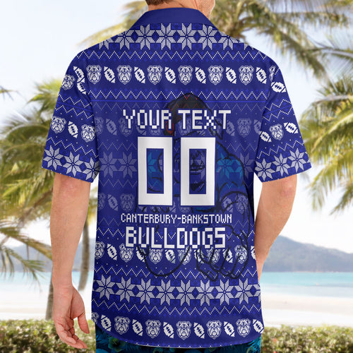 Personalized Canterbury Bulldogs Christmas Hawaiian Shirt Australian Rugby Fans - Pixelated Ugly Xmas Pattern Mascot Santa