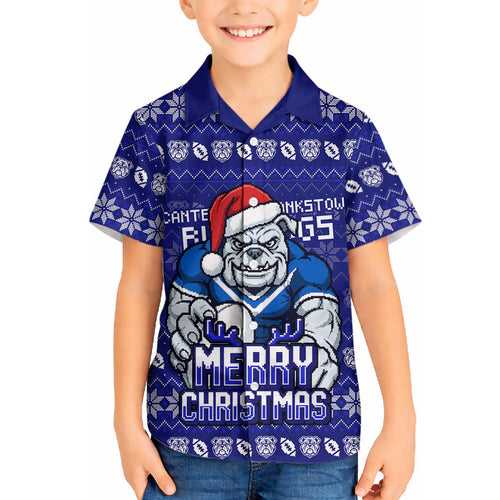 Personalized Canterbury Bulldogs Christmas Hawaiian Shirt Australian Rugby Fans - Pixelated Ugly Xmas Pattern Mascot Santa