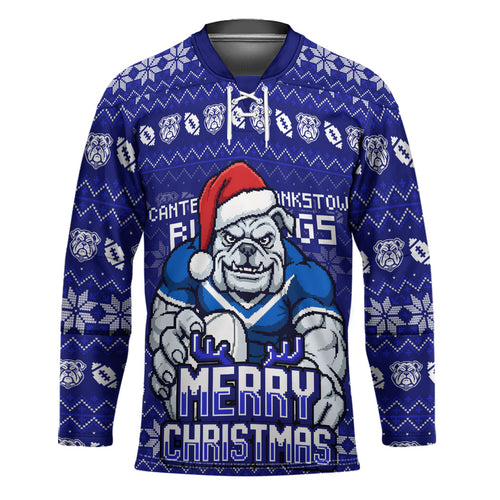 Personalized Canterbury Bulldogs Christmas Hockey Jersey Australian Rugby Fans - Pixelated Ugly Xmas Pattern Mascot Santa