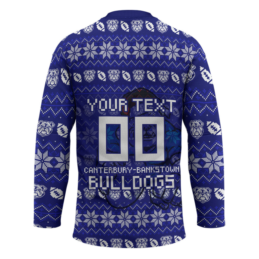 Personalized Canterbury Bulldogs Christmas Hockey Jersey Australian Rugby Fans - Pixelated Ugly Xmas Pattern Mascot Santa