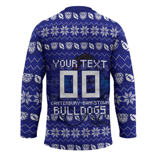 Personalized Canterbury Bulldogs Christmas Hockey Jersey Australian Rugby Fans - Pixelated Ugly Xmas Pattern Mascot Santa