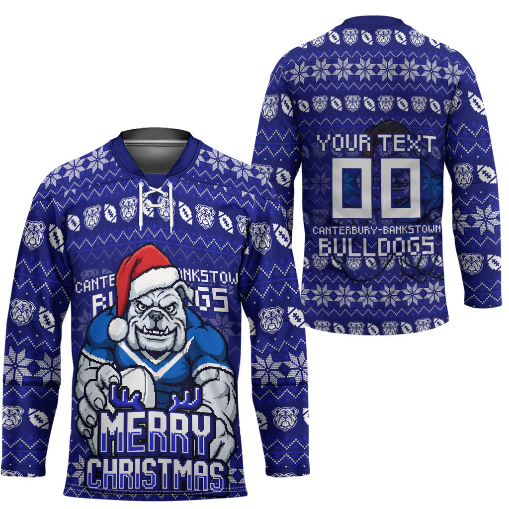 Personalized Canterbury Bulldogs Christmas Hockey Jersey Australian Rugby Fans - Pixelated Ugly Xmas Pattern Mascot Santa