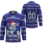 Personalized Canterbury Bulldogs Christmas Hockey Jersey Australian Rugby Fans - Pixelated Ugly Xmas Pattern Mascot Santa
