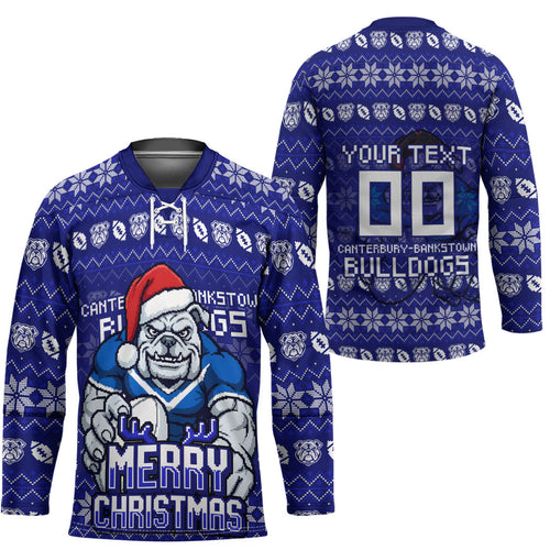 Personalized Canterbury Bulldogs Christmas Hockey Jersey Australian Rugby Fans - Pixelated Ugly Xmas Pattern Mascot Santa