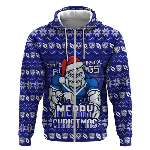 Personalized Canterbury Bulldogs Christmas Hoodie Australian Rugby Fans - Pixelated Ugly Xmas Pattern Mascot Santa