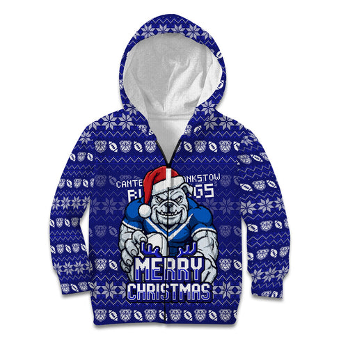 Personalized Canterbury Bulldogs Christmas Kid Hoodie Australian Rugby Fans - Pixelated Ugly Xmas Pattern Mascot Santa