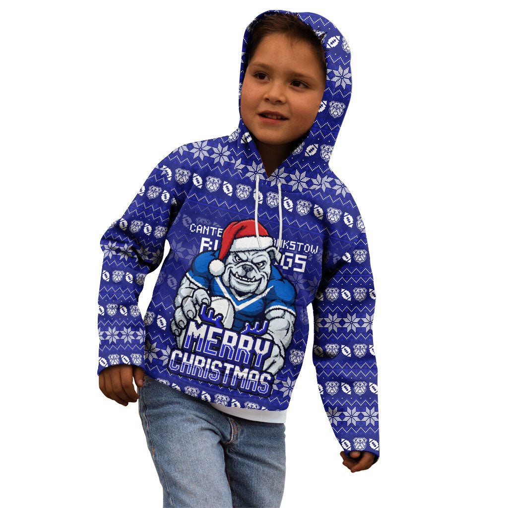 Personalized Canterbury Bulldogs Christmas Kid Hoodie Australian Rugby Fans - Pixelated Ugly Xmas Pattern Mascot Santa