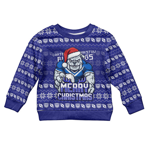 Personalized Canterbury Bulldogs Christmas Kid Ugly Christmas Sweater Australian Rugby Fans - Pixelated Ugly Xmas Pattern Mascot Santa