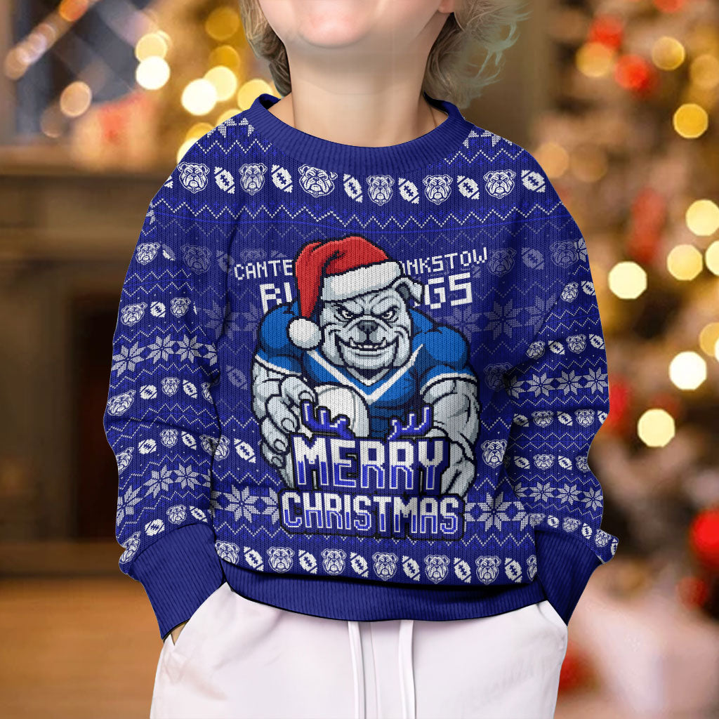 Personalized Canterbury Bulldogs Christmas Kid Ugly Christmas Sweater Australian Rugby Fans - Pixelated Ugly Xmas Pattern Mascot Santa