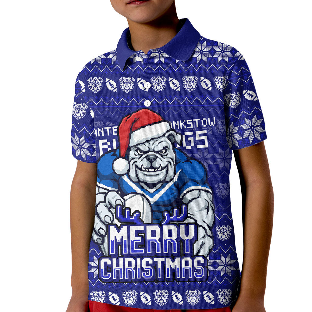 Personalized Canterbury Bulldogs Christmas Kid Polo Shirt Australian Rugby Fans - Pixelated Ugly Xmas Pattern Mascot Santa