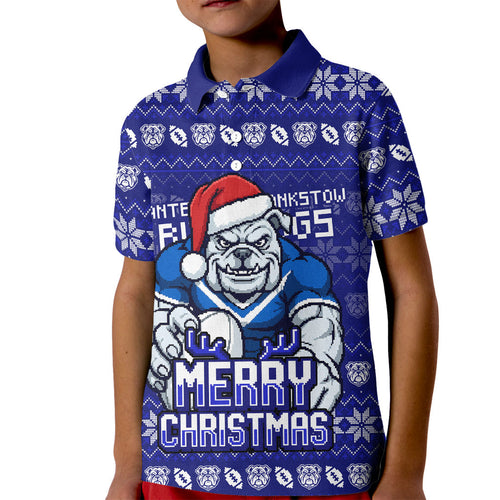 Personalized Canterbury Bulldogs Christmas Kid Polo Shirt Australian Rugby Fans - Pixelated Ugly Xmas Pattern Mascot Santa