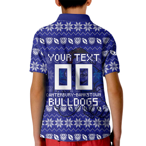 Personalized Canterbury Bulldogs Christmas Kid Polo Shirt Australian Rugby Fans - Pixelated Ugly Xmas Pattern Mascot Santa