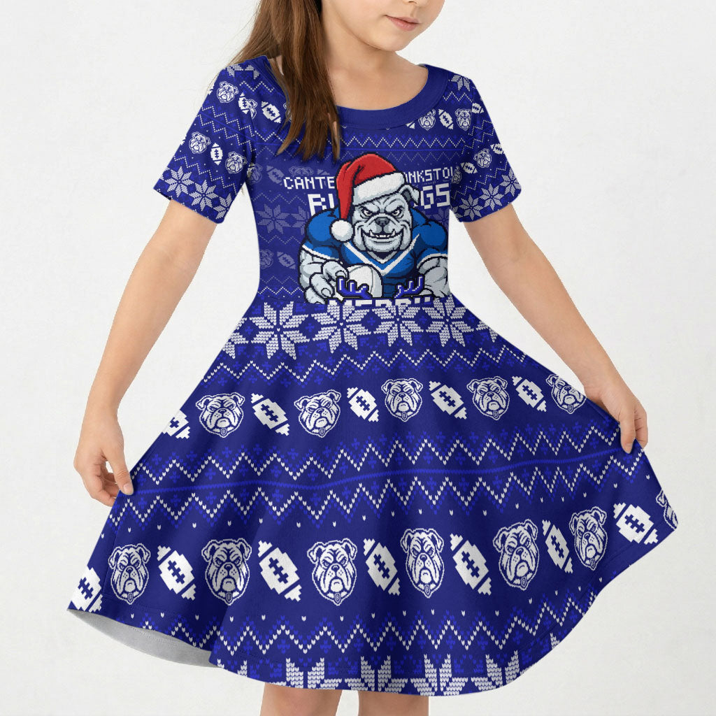 Personalized Canterbury Bulldogs Christmas Kid Short Sleeve Dress Australian Rugby Fans - Pixelated Ugly Xmas Pattern Mascot Santa