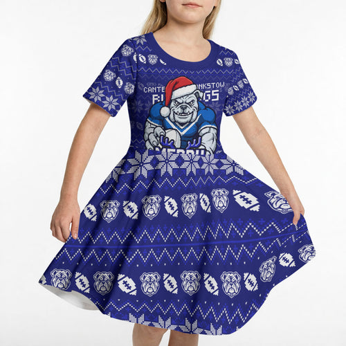 Personalized Canterbury Bulldogs Christmas Kid Short Sleeve Dress Australian Rugby Fans - Pixelated Ugly Xmas Pattern Mascot Santa