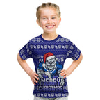 Personalized Canterbury Bulldogs Christmas Kid T Shirt Australian Rugby Fans - Pixelated Ugly Xmas Pattern Mascot Santa