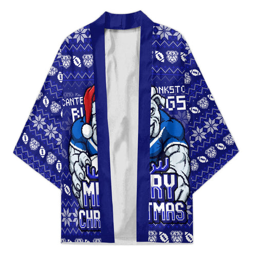 Personalized Canterbury Bulldogs Christmas Kimono Australian Rugby Fans - Pixelated Ugly Xmas Pattern Mascot Santa