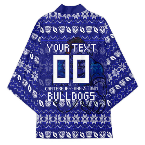 Personalized Canterbury Bulldogs Christmas Kimono Australian Rugby Fans - Pixelated Ugly Xmas Pattern Mascot Santa