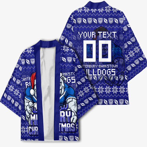 Personalized Canterbury Bulldogs Christmas Kimono Australian Rugby Fans - Pixelated Ugly Xmas Pattern Mascot Santa