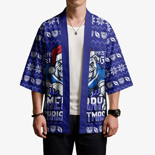 Personalized Canterbury Bulldogs Christmas Kimono Australian Rugby Fans - Pixelated Ugly Xmas Pattern Mascot Santa