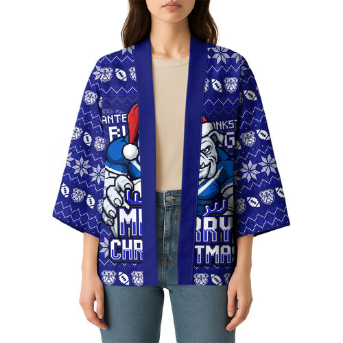 Personalized Canterbury Bulldogs Christmas Kimono Australian Rugby Fans - Pixelated Ugly Xmas Pattern Mascot Santa