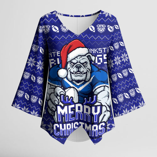 Personalized Canterbury Bulldogs Christmas Kimono Sleeve Blouse Australian Rugby Fans - Pixelated Ugly Xmas Pattern Mascot Santa