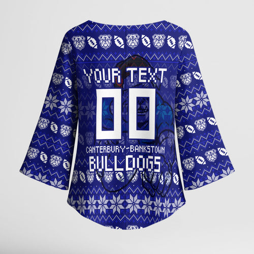 Personalized Canterbury Bulldogs Christmas Kimono Sleeve Blouse Australian Rugby Fans - Pixelated Ugly Xmas Pattern Mascot Santa