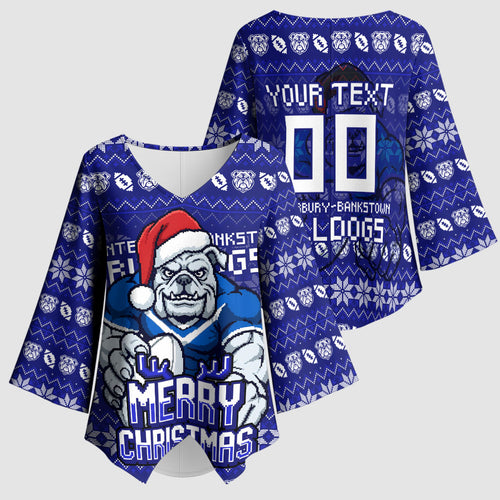 Personalized Canterbury Bulldogs Christmas Kimono Sleeve Blouse Australian Rugby Fans - Pixelated Ugly Xmas Pattern Mascot Santa