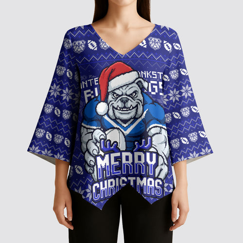 Personalized Canterbury Bulldogs Christmas Kimono Sleeve Blouse Australian Rugby Fans - Pixelated Ugly Xmas Pattern Mascot Santa