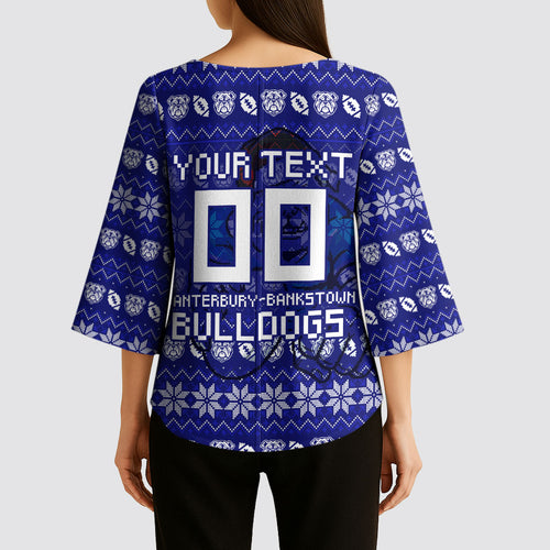 Personalized Canterbury Bulldogs Christmas Kimono Sleeve Blouse Australian Rugby Fans - Pixelated Ugly Xmas Pattern Mascot Santa
