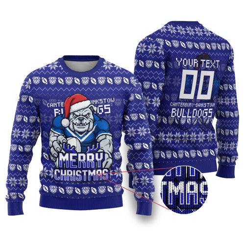 Personalized Canterbury Bulldogs Christmas Ugly Christmas Sweater Australian Rugby Fans - Pixelated Ugly Xmas Pattern Mascot Santa