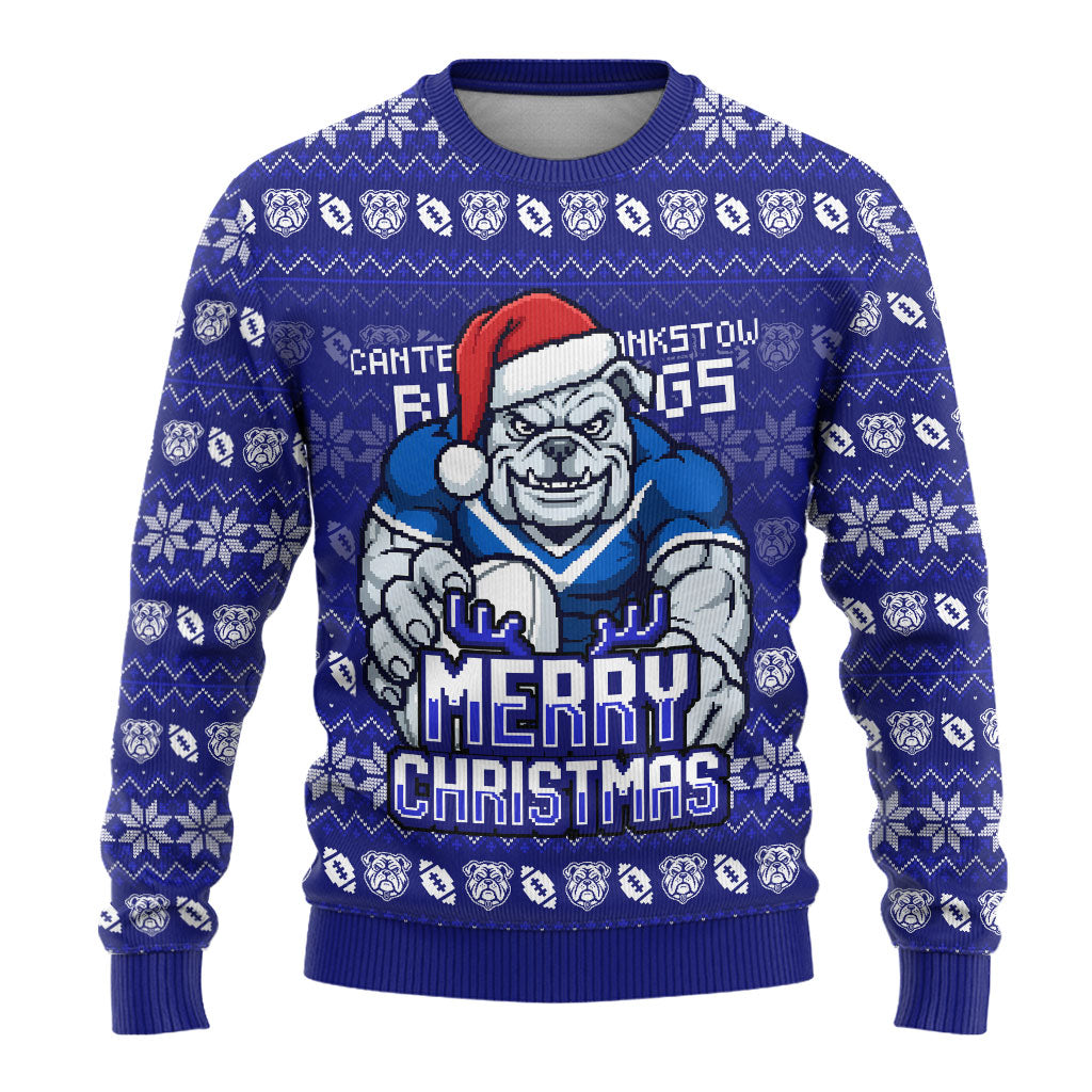 Personalized Canterbury Bulldogs Christmas Ugly Christmas Sweater Australian Rugby Fans - Pixelated Ugly Xmas Pattern Mascot Santa
