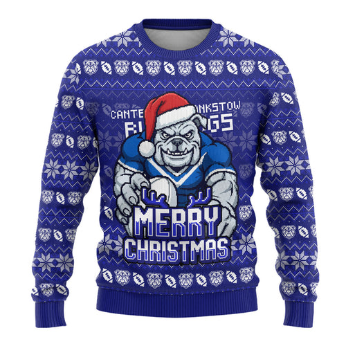 Personalized Canterbury Bulldogs Christmas Ugly Christmas Sweater Australian Rugby Fans - Pixelated Ugly Xmas Pattern Mascot Santa