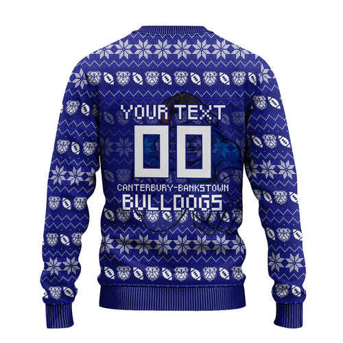 Personalized Canterbury Bulldogs Christmas Ugly Christmas Sweater Australian Rugby Fans - Pixelated Ugly Xmas Pattern Mascot Santa
