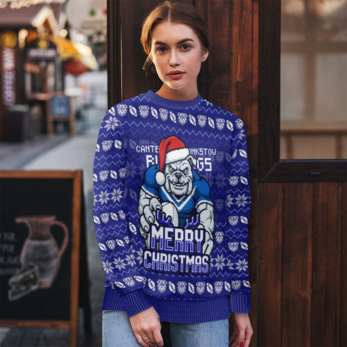 Personalized Canterbury Bulldogs Christmas Ugly Christmas Sweater Australian Rugby Fans - Pixelated Ugly Xmas Pattern Mascot Santa