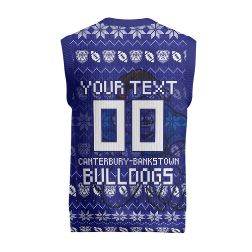 Personalized Canterbury Bulldogs Christmas Knitted V-Neck Vest Australian Rugby Fans - Pixelated Ugly Xmas Pattern Mascot Santa