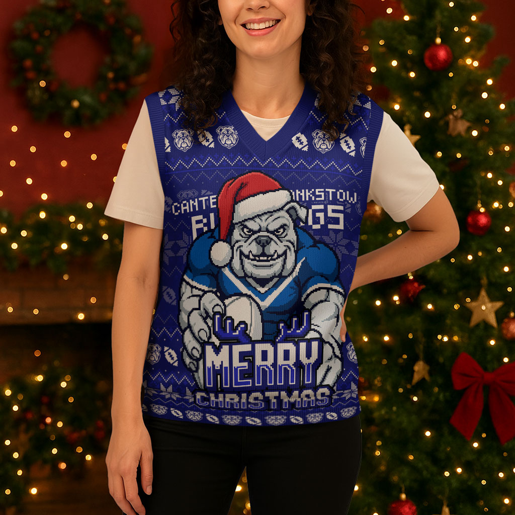Personalized Canterbury Bulldogs Christmas Knitted V-Neck Vest Australian Rugby Fans - Pixelated Ugly Xmas Pattern Mascot Santa