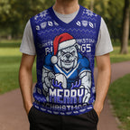 Personalized Canterbury Bulldogs Christmas Knitted V-Neck Vest Australian Rugby Fans - Pixelated Ugly Xmas Pattern Mascot Santa