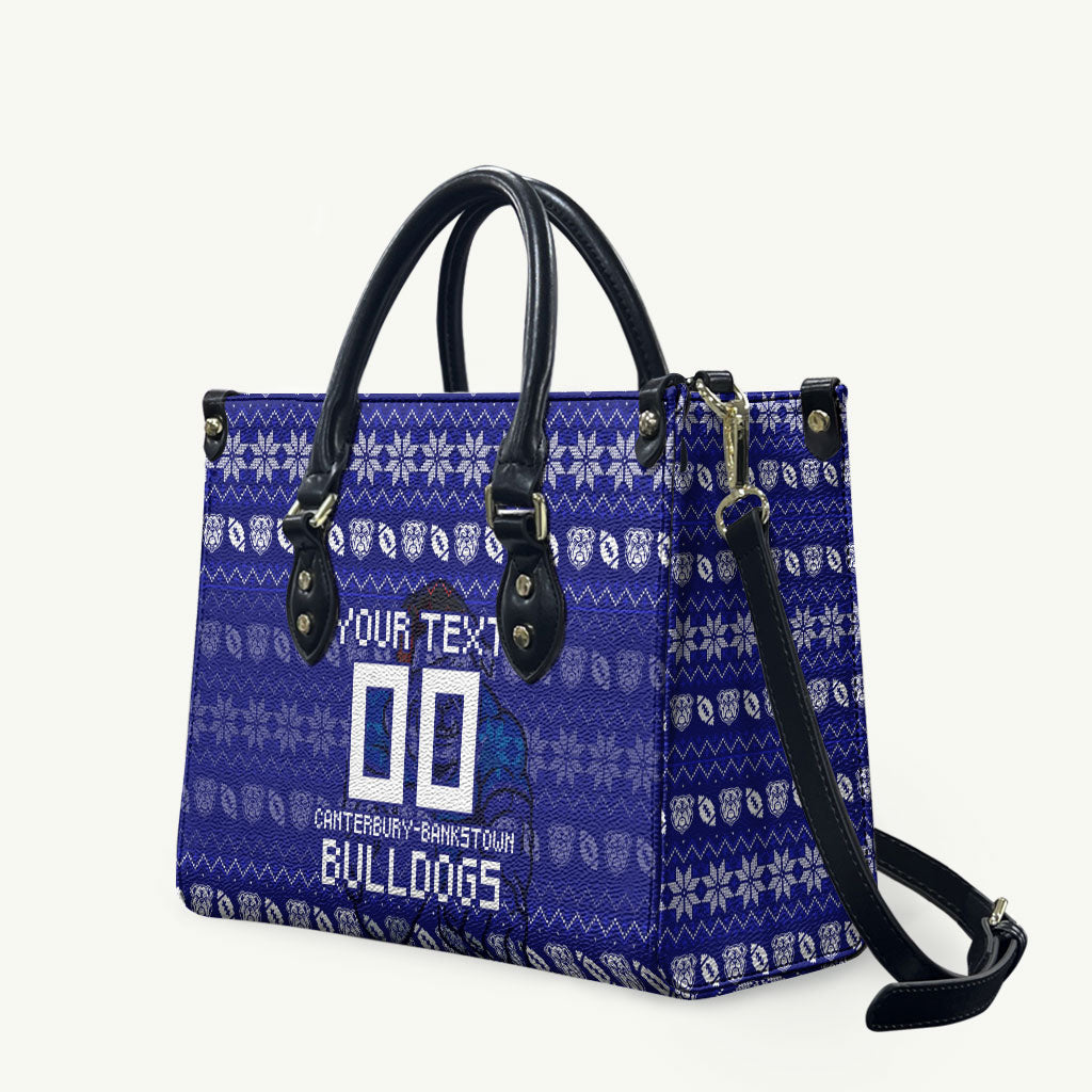 Personalized Canterbury Bulldogs Christmas Leather Bag Australian Rugby Fans - Pixelated Ugly Xmas Pattern Mascot Santa