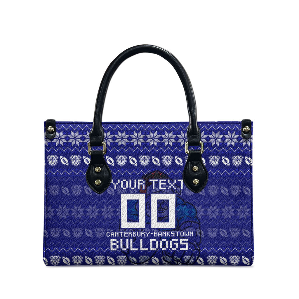 Personalized Canterbury Bulldogs Christmas Leather Bag Australian Rugby Fans - Pixelated Ugly Xmas Pattern Mascot Santa