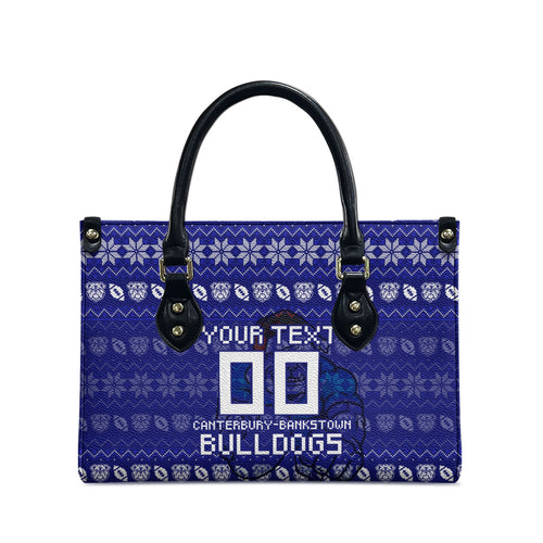 Personalized Canterbury Bulldogs Christmas Leather Bag Australian Rugby Fans - Pixelated Ugly Xmas Pattern Mascot Santa