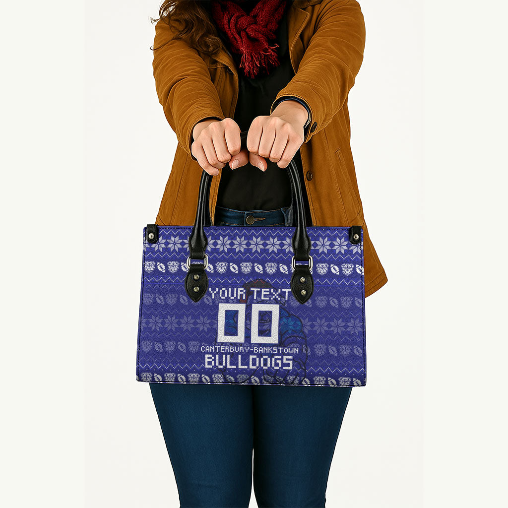 Personalized Canterbury Bulldogs Christmas Leather Bag Australian Rugby Fans - Pixelated Ugly Xmas Pattern Mascot Santa