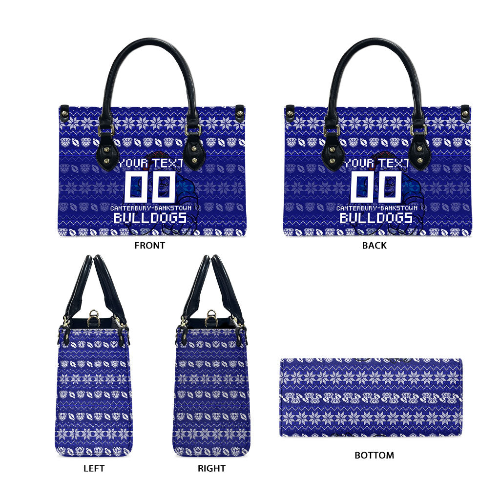 Personalized Canterbury Bulldogs Christmas Leather Bag Australian Rugby Fans - Pixelated Ugly Xmas Pattern Mascot Santa